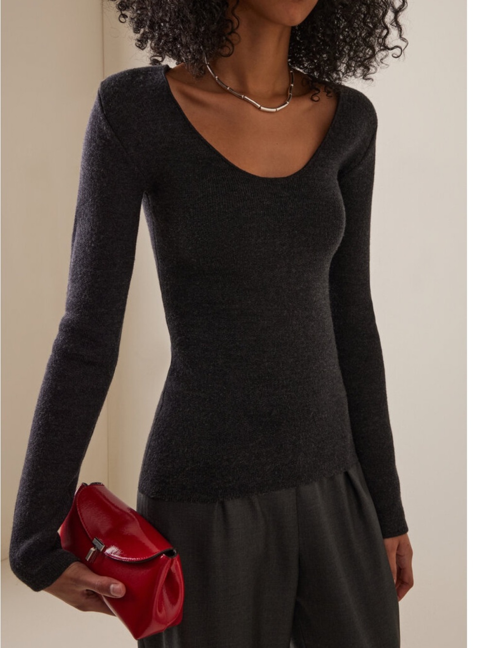 Toteme Compact Knit Long Sleeve Sweater Top charcoal grey melange minimal